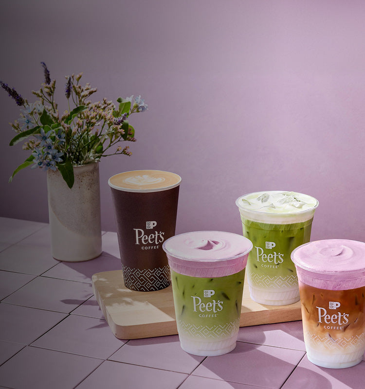 Peet's Coffee cups on a wooden board with a vase of flowers on a tiled floor.